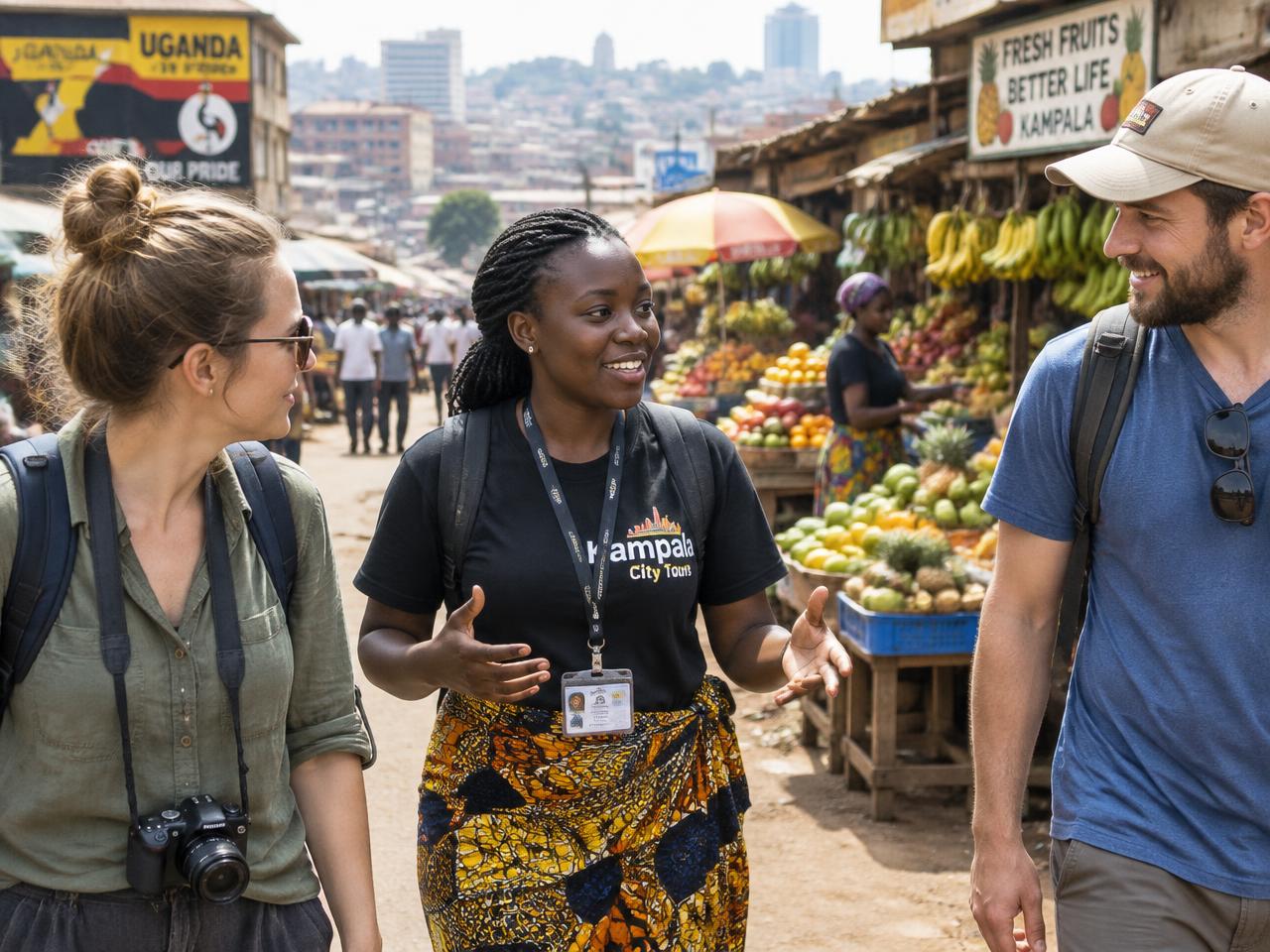Woman guide leading travellers in Uganda